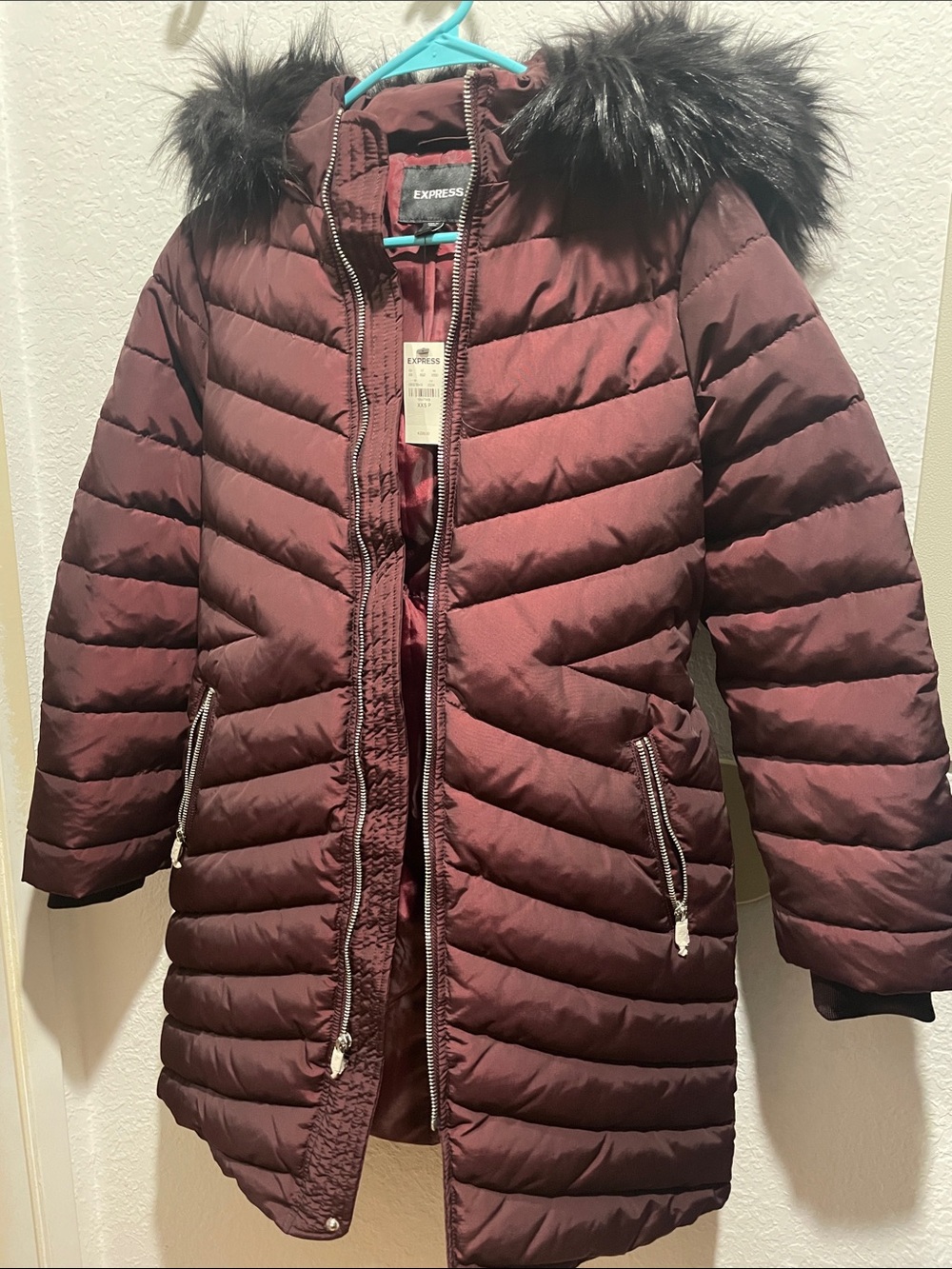 Express Burgundy Quilted Puffer Coat with Faux Fur Trim